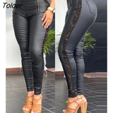 Women High Waist Skinny Pants Fashion Buckle Cutout Hip Lift Long Pants Black Slim