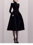 Winter Velvet Party Dress Runway Lady Fashion Vintage Elegant Stand Collar Long Sleeve Slim Waist Ball Gown Midi