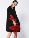 Women Black Fish Embroidery Knee Length Big Size Dress New Round Neck Wrist Sleeve Fashion Tide Spring Autumn 2023