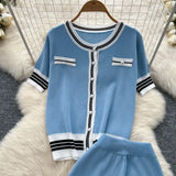 Fragrant Breeze Sleeze Sleeze Round-Neck Collar Knitted Top Women High-Waisted Leisure Broad-Legged Pants Summer