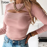 Women Sexy Chest Hollow Out Long Sleeve Round Neck Slim Knitwear Basic