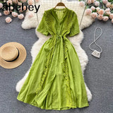 Quality French Lace Dress Women Elegant Short Sleeve Hollow A-line Dresses Summer Fashion Streetwear Maxi Long