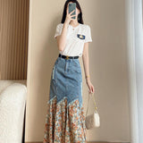 Popular White Cotton T-shirt Pleated Chiffon Denim Patchwork Skirt Elegant Women's Skirt Suit Party Dress Female