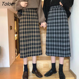 Straight Skirts Women Plaid Vintage Autumn Woolen High Waist Students All-match Elegant Mujer Korean Fashion Retro