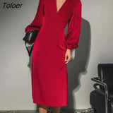Elegant Green High Waist Trumpet Dresses Sexy V Neck Bodycon Party Dress Autumn Mid-Calf Long Sleeve Dress For Women