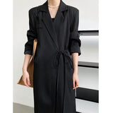 Women Green Bandage Big Size Long Blazer New Lapel Long Sleeve Loose Fit Jacket Fashion Tide Spring Autumn 2023