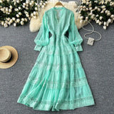 Retro V-Neck Lace To Receive Waist Long Sleeve Dress Female Thin High Sense Elegant Long