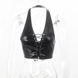 Toloer Ins Wind 2023 Summer Pop Neck Sexy Back Strap Short Lady PU Small Vest-Outfit