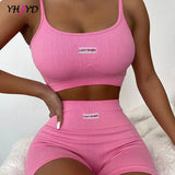 Solid Letter Label Women's Two Pieces Set Knitting Ribbed Gym Casual Crop Camisole & Shorts Active Tracksuit