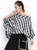 Women Black Plaid Big Size Blouse New Slash Neck Threequarter Sleeve Loose Fit Shirt Fashion Spring Autumn 2023