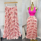 Tight Waist High Waist Crums Sweet A-Shaped Skirt Women's Long Print 100-Fold