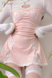 Lace Patchwork Dress Pink Sleeveless Kawaii Sundress Sweet Japanese Style Aesthetic Outfit Y2K Beach Outfit Sexy