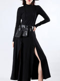 Women Red Vent Split Joint Long Temperament Dress New Turtleneck Long Sleeve Loose Fit Fashion Spring Summer 2023