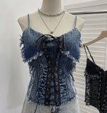 Shooting Do The Old Fur Side Of The Denim Splicing Pu Skin Lace Sling Vest Short Without Sleeve Top