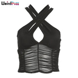 Puss Y2K Sexy Hollow Women Halter Tank Tops Sleeveless Ruched Patchwork Mesh Camisole Clubwear Fashion Solid Vest