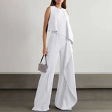 Summer Asymmetrical Jumpsuits O-neck Fashion Sleeveless Women Wide Leg Pant Overalls Ruffles Holiday Casual Long