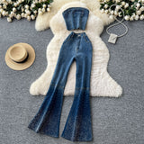 Hot Diamond Cowboy Suit Women's Summer Sleeveless Chest Vest + High-Waisted Denim Horn