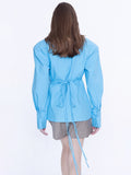 Fashion Women's Irregular Shirt V-neck Cross Bandage Waist Long Sleeve Blue White Yellow Thin Blouse Summer 2023 New
