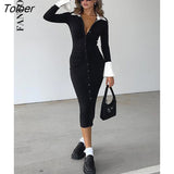 Single Breasted Polo Collar Dress Women Sexy Long Sleeve Elegant Office Lady Outfits Bodycon Ruched Black Dresses