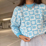 Vintage Elegant Y2K Floral Knitted Sweater Women Autumn Winter Cute Jumpers Ladies Long Sleeve Pullover Knitwear