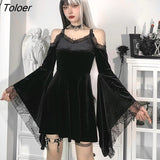 Flare Sleeve Black Dress Women Aesthetic Velvet Vintage Lace Autumn Dress Off Shoulder Elegant Party Dress