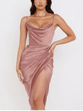 party Dress Women Midi Satin Dress Split Adjustable Strap Ruched Cowl Neck Asymmetrical Zipper Party Dress Elegant Sexy Woman
