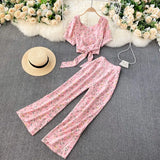 Women Autumn Bohemian Floral Set V Neck Puff Sleeve Short Top+Sexy Split High Waist Wide Leg Long Pants Two Pieces