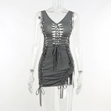 Sisterlinda Sexy Hollow Dresses Women Sleeveless Irregular Bandage V Neck Skinny Shirring Bodycon Party Clubwear Vacation