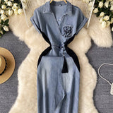 National Trend Denim Dress Women's New Chinese-Style Retro Embroidery Waist Thin Open Fork Ass Fashion