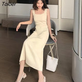 Dress Women All-match Knitting Vestido Vintage Spring Slim Daily Square Collar Solid Simple Clothing Spaghetti