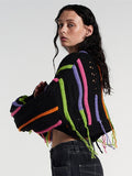 Fashion Women's Knitted Pullover O-neck Loose Long Sleeve Tassel Patchwork Hollow Out Short Sweater Autumn 2023 New