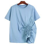 Women Spliced Pleated Loose Fit T-shirt New Round Neck Long Sleeve Fashion Tide All-match Spring Autumn 2023