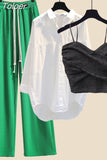 Summer New Lace Suspender White Shirt Wide Leg Pants Three-piece Elegant Women Pants Set Summer Outfits