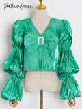 Vintage Solid Shirt For Women V Neck Lantern Sleeve Fold Pleated Slimming Shirts Female 2022 Spring Clothing