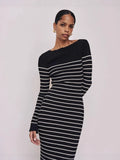 And Winter New Women's Fashion Elegant Round-Neck Dress Striped Dress Long