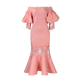 Women's One-Word Collar Bubble Sleeve Lace Splicing Banquet Fishtail Dress Dress Dress Dress Dress