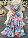 Bohemian Women Tie Dye Printed Long Dress Sexy Autumn 2021 Female V-Neck Short Sleeve High Waist Vacation Beach Ruffle