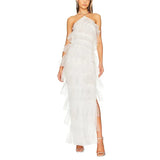 Layered Dress y2k Women Solid Color One Shoulder Sleeveless Backless High Split Ruffled Long Dress 2000s Party