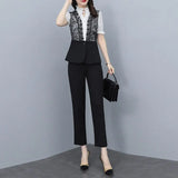 Suit 2022 Sexy Lace Patchwork Blazer Waist Tops+Slim Pencil Pants Trousers Office Lady Business Two Piece Pants