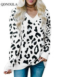 Autumn Winter New V-Neck Pullover Long Sleeve Top Crochet Knitting korean style Leopard Jacquard Women's Blouses