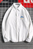 Striped Men's Shirt Long Sleeve Harajuku Japanese Fashion Casual Women Shirts Blouse Autumn Moon Cloud Embroidery