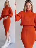 Elegant Knitted Dress 2 Pieces Set Long Sleeve Cropped Sweater And Slit Dress Suits Female Sexy Soft Pullover