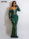 Women Hot Drill Rhinestones Diamond Long Party Sequin Dresses Luxury One Shoulder Long Sleeve Evening Mermaid