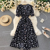 Sweet Floral Dress Women V Neck Puff Sleeve Single-Breasted Belt Dress Summer Bohemian Print A-line Midi