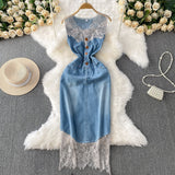 Lace Splicing V-Neckless Denim Dress Women's Summer Senior Feeling Lanky