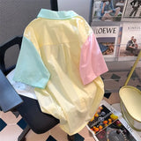 Short-sleeve Shirts for Women Patchwork Macarone Contrast Summer Blouse All-match Daily Chemise Femme Korean Chic