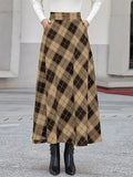 Autumn Lady High-Rise Thin Lattice A-Shaped Skirt Party Casual Loose Swing Umbrella