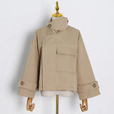 Khaki Loose Jacket For Women Stand Collar Long Sleeve Casual Jackets Female 2020 Autumn Fashion New Clothing