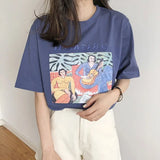Oil Painting Print T-shirt Women Short Sleeve Loose 100% Cotton Shirt 2021 Female Basic Tops Summer Ladies Tees