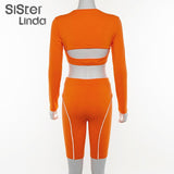Sisterlinda Reflective Stripes Buckle Strap Sexy Crop Top Women Shorts Tracksuit Set Women Summer Fashion Club Streetwear